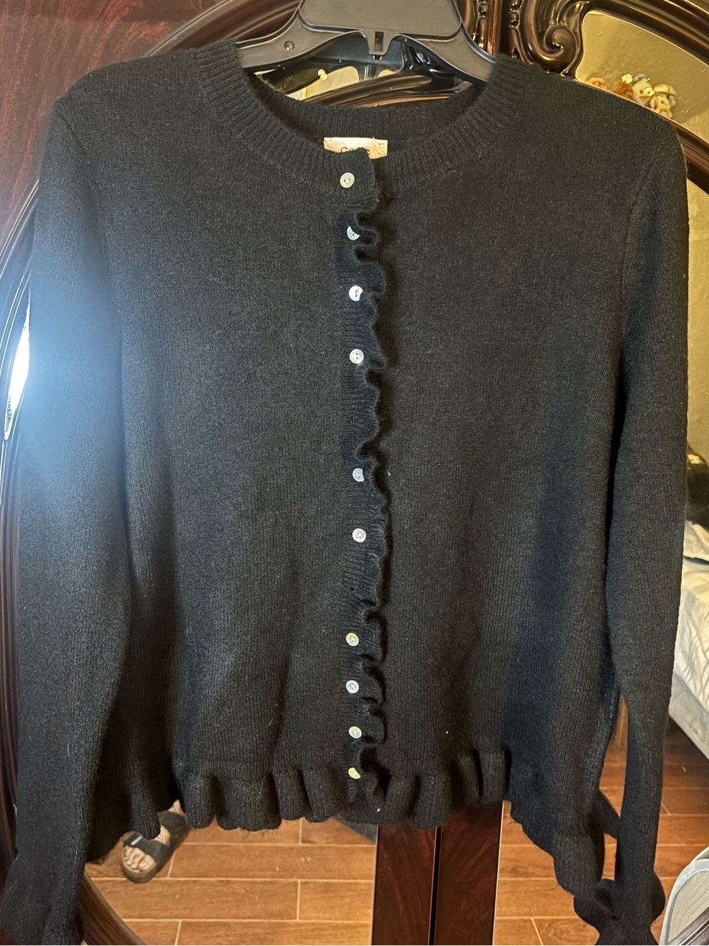 CeCe Black Ruffle-Trim Button Cardigan